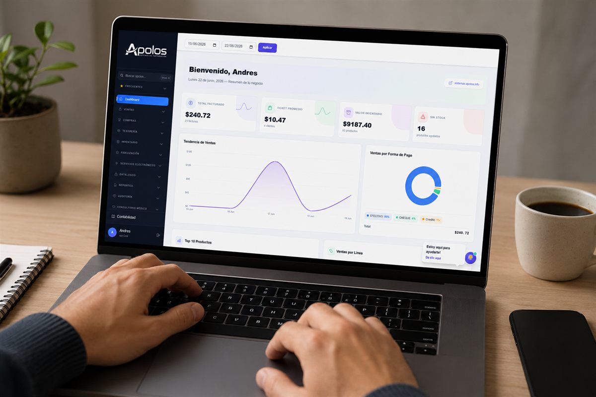 Dashboard del sistema de facturación Apolos en una laptop